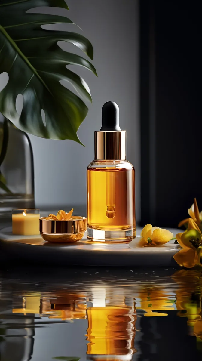 Amber skincare serum bottle beside a green leaf